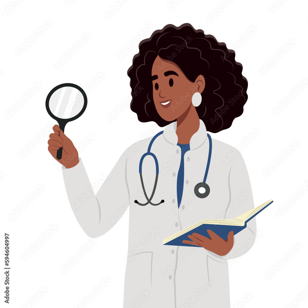 Curiosity concept. Smiling female black woman with a tablet and a stethoscope, standing looking at something with a magnifying glass. Curiosity concept. Smiling female black woman with a tablet and a stethoscope, standing looking at something with a magnifying glass.