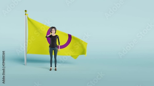Animation of a woman standing in front of the intersex pride flag while waving her hand, with a blue background. photo