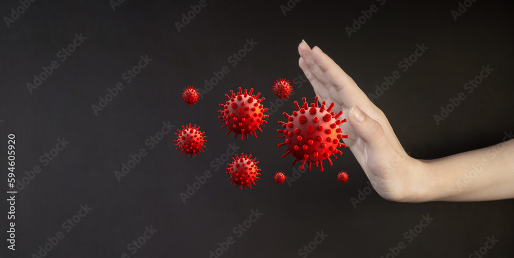 Human hand shows stop to the flying virus. Medicine concept. - obrazy, fototapety, plakaty 
