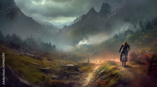 Mountainbiker bei schlechtem Wetter im Gelände Mountainbiking im Wald Trail Sommer Winter Illustration Digital Art Generative AI Hintergrund Sport Leistung Action © Korea Saii