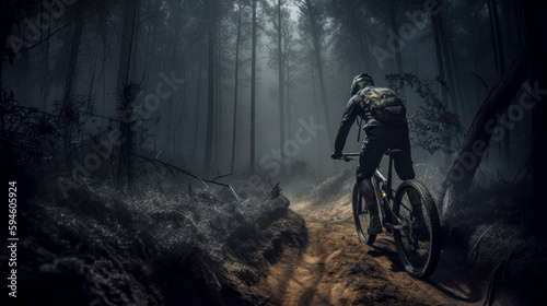 Mountainbiker bei schlechtem Wetter im Gelände Mountainbiking im Wald Trail Sommer Winter Illustration Digital Art Generative AI Hintergrund Sport Leistung Action © Korea Saii