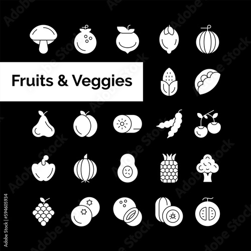 Fruits and Veggies icons pack. Fruits- nd Veggies symbols collection. Graphic icons element.