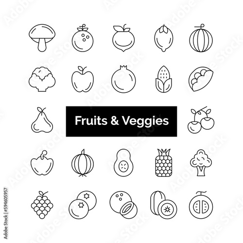 Fruits and Veggies icons pack. Fruits- nd Veggies symbols collection. Graphic icons element.