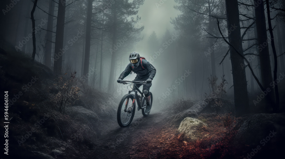 Naklejka premium Mountainbiker bei schlechtem Wetter im Gelände Mountainbiking im Wald Trail Sommer Winter Illustration Digital Art Generative AI Hintergrund Sport Leistung Action
