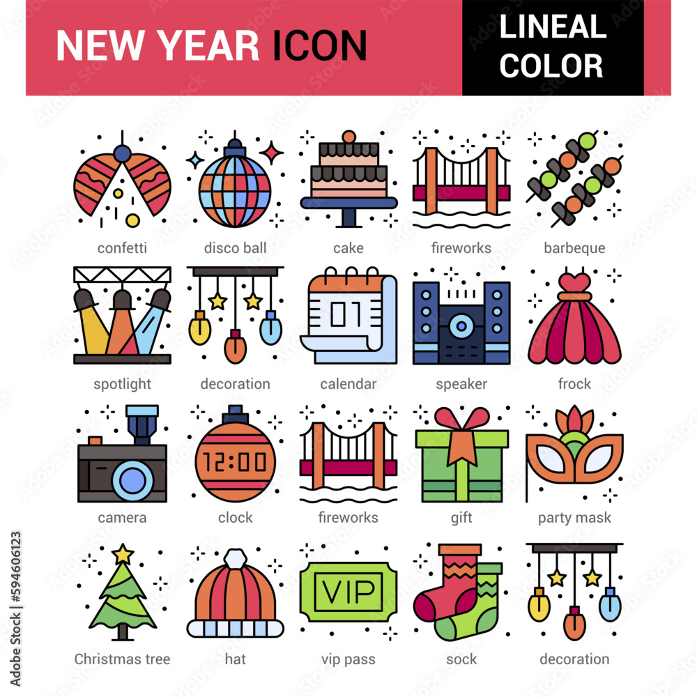 New year icons pack. Isolated new year symbols collection. Graphic icons element.