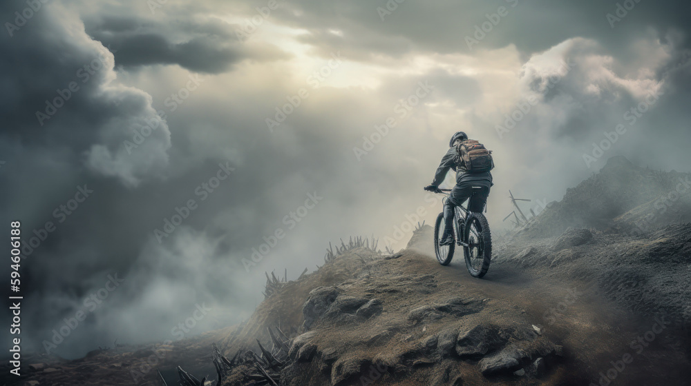 Naklejka premium Mountainbiker bei schlechtem Wetter im Gelände Mountainbiking im Wald Trail Sommer Winter Illustration Digital Art Generative AI Hintergrund Sport Leistung Action
