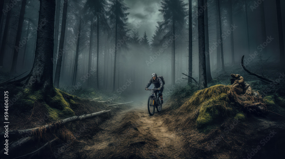 Mountainbiker bei schlechtem Wetter im Gelände Mountainbiking im Wald Trail Sommer Winter Illustration Digital Art Generative AI Hintergrund Sport Leistung Action