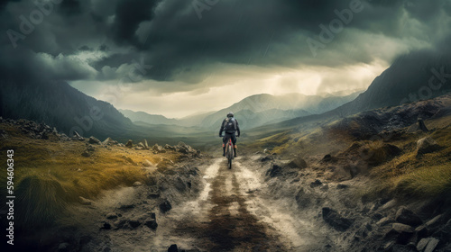 Mountainbiker bei schlechtem Wetter im Gelände Mountainbiking im Wald Trail Sommer Winter Illustration Digital Art Generative AI Hintergrund Sport Leistung Action