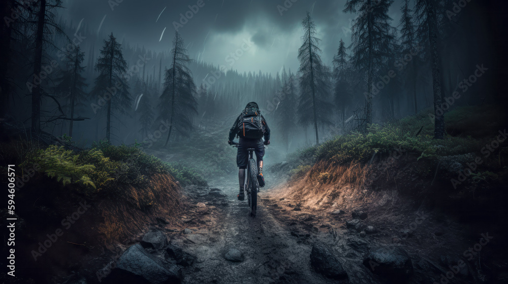 Mountainbiker bei schlechtem Wetter im Gelände Mountainbiking im Wald Trail Sommer Winter Illustration Digital Art Generative AI Hintergrund Sport Leistung Action