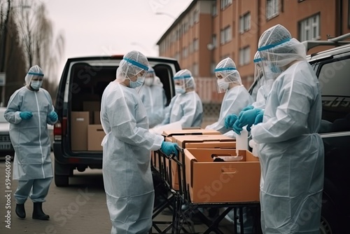 People in protective suits load paper boxes with cargo