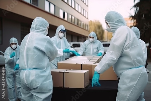 People in protective suits load paper boxes with cargo