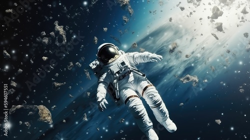 3D realistic, an astronaut in a spacesuit flies in space against the background of the planet.. Created with generative AI