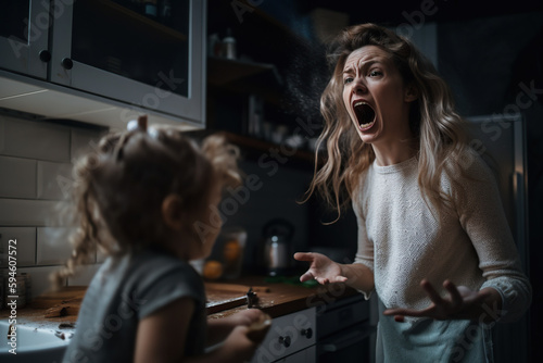 shocked mother and daughter looking at each other while cooking together in kitchen. Generative AI