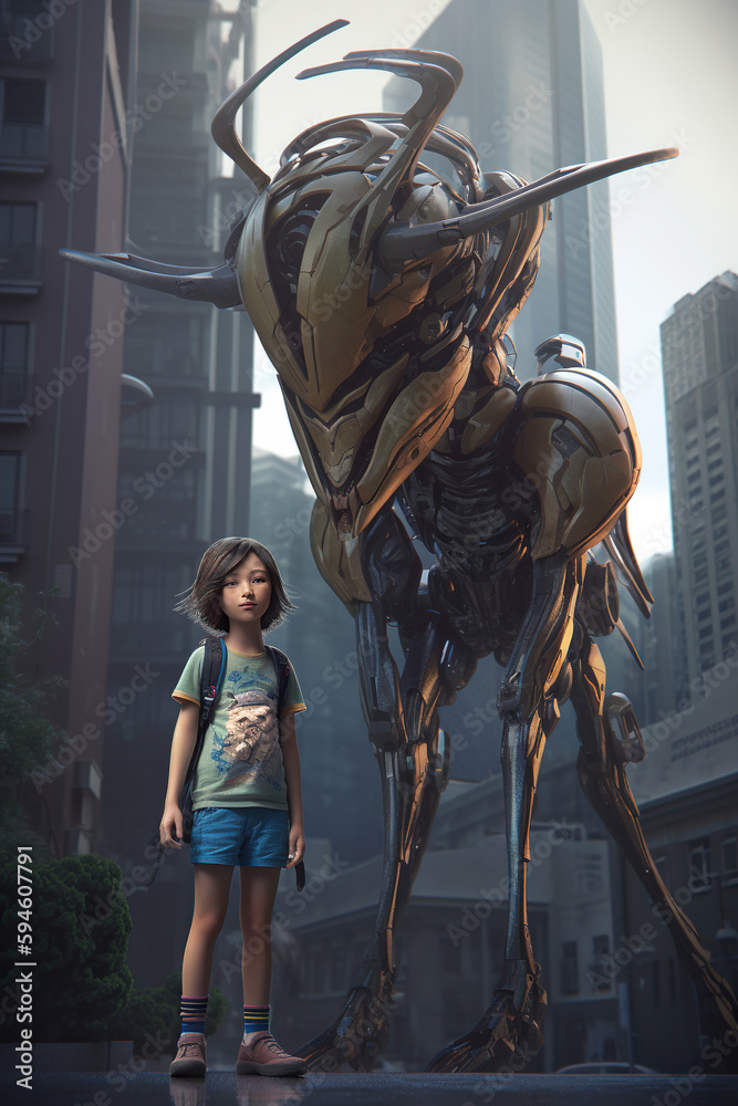 Little girl and giant skeleton in the city. Generative AI