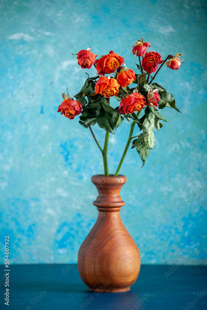 front view red withered flowers inside vase on a blue background color
