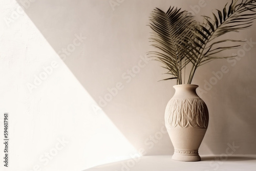 grey sunlight shadows tree interior home concrete design decor palm vase wall. Generative AI.