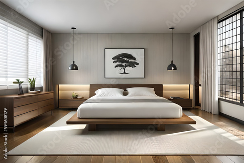 The interior design of a tranquil and serene bedroom with a minimalist Japanese aesthetic  incorporating natural materials and muted colors   Generative AI
