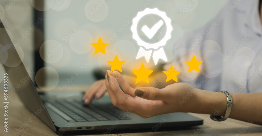 Quality Assurance Concept. Businesswoman show high quality assurance mark, good service, premium, five stars, premium service assurance, excellence service, high quality, business excellence. Quality Assurance Concept. Businesswoman show high quality assurance mark, good service, premium, five stars, premium service assurance, excellence service, high quality, business excellence.