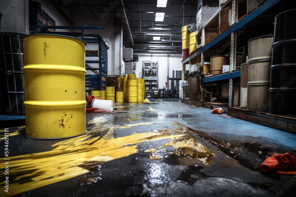 toxic chemical spill in a factory, with hazardous materials spilling onto the floor, created with generative ai - obrazy, fototapety, plakaty 