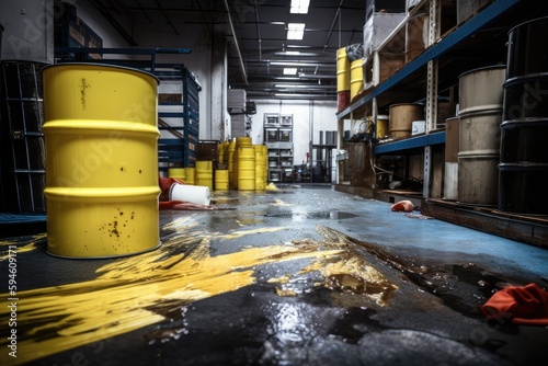 toxic chemical spill in a factory, with hazardous materials spilling onto the floor, created with generative ai