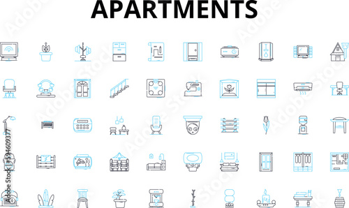 Apartments linear icons set. Homey, Cozy, Spacious, Luxurious, Stylish, Modern, Affordable vector symbols and line concept signs. Gated,High-rise,Furnished illustration