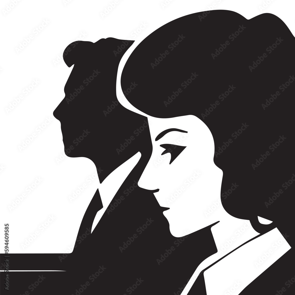 Two office workers man and woman.. Good for logo. Vector monochrome image with high details isolated on white background