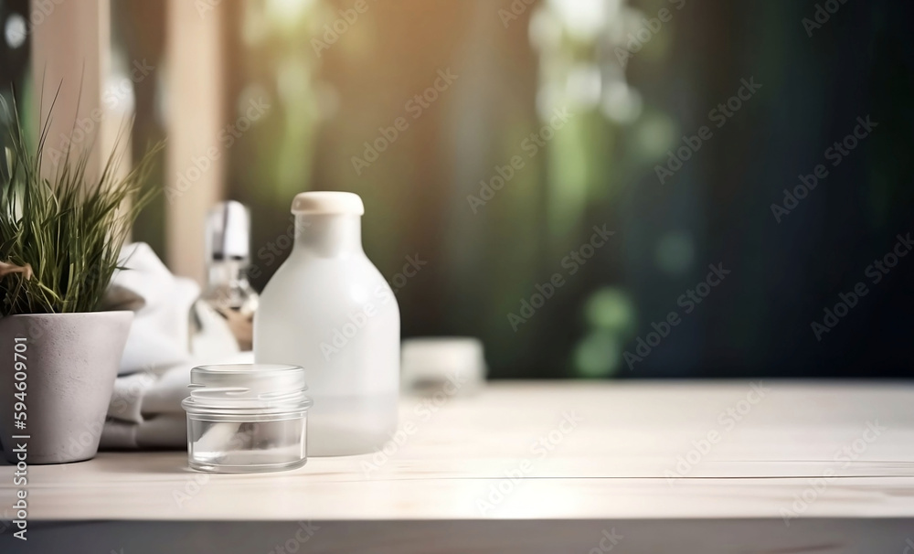 Empty Table for Product on Blurred Bathroom Background and Copy Space Empty Table for Product on Blurred Bathroom Background and Copy Space