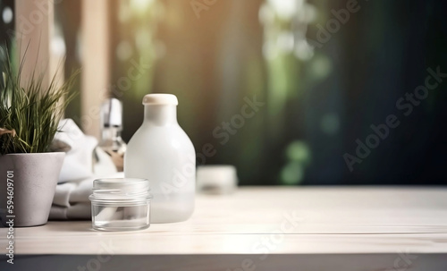 Empty Table for Product on Blurred Bathroom Background and Copy Space