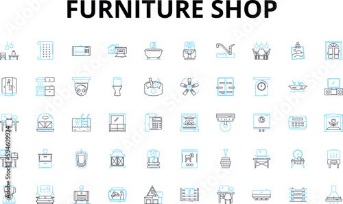 Furniture shop linear icons set. Sofas, Chairs, Tables, Beds, Dressers, Bookcases, Ottomans vector symbols and line concept signs. Recliners,Desks,Cabinets illustration