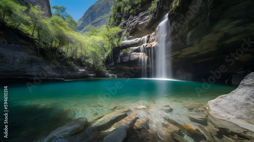 A majestic waterfall cascading down a rocky cliff into a clear blue pool below.