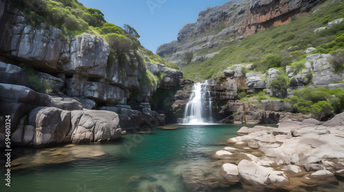 A majestic waterfall cascading down a rocky cliff into a clear blue pool below.