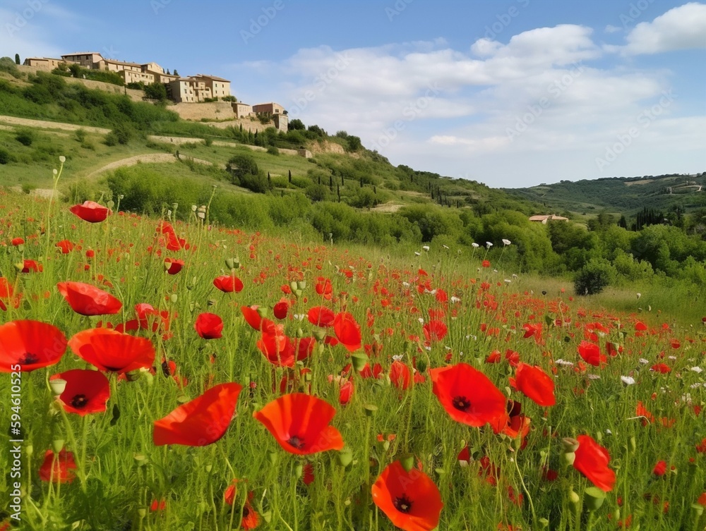 Vibrant Red Poppies Enliven a Scenic Hillside | Generative AI