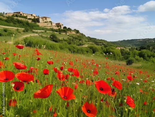 Vibrant Red Poppies Enliven a Scenic Hillside   Generative AI