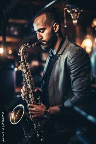 Saxophone Serenade: Jazz man Musician's Soulful Performance Captured in an Intimate Bar Setting - Celebrating the Spirit of Smooth Jazz Vibes. Generative AI
