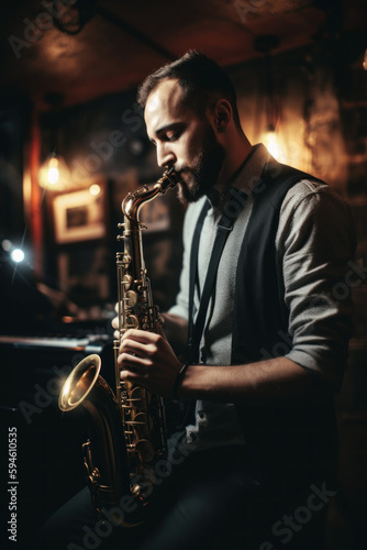 Saxophone Serenade: Jazz man Musician's Soulful Performance Captured in an Intimate Bar Setting - Celebrating the Spirit of Smooth Jazz Vibes. Generative AI