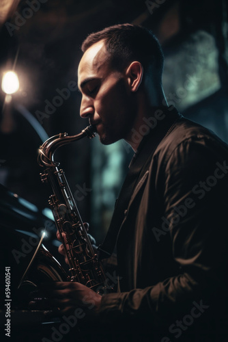 Saxophone Serenade: Jazz man Musician's Soulful Performance Captured in an Intimate Bar Setting - Celebrating the Spirit of Smooth Jazz Vibes. Generative AI