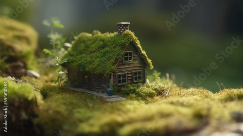 The concept of green and ecological housing. Eco-house. Miniature wooden house in the grass. Generative AI.