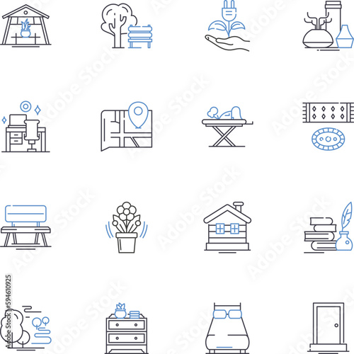 Nesting in line icons collection. Harmony, Security, Comfort, Serenity, Warmth, Shelter, Cozy vector and linear illustration. Home,Protection,Refuge outline signs set