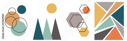 collection of modern simple minimalistic abstractions: colored geometric shapes (circles, polygons, triangles), similar to a mountain landscape on a white background