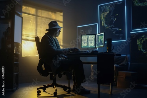 A Man Sitting At A Desk In Front Of A Computer Monitor Conference Room Advertising Photography Cybersecurity Generative AI