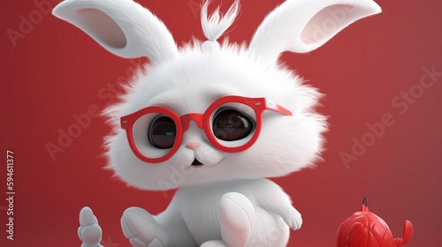 Toy hare on a white background. A cool red hare with black glasses.. Created with generative AI