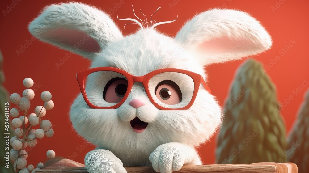 Obraz premium Toy hare on a white background. A cool red hare with black glasses.. Created with generative AI