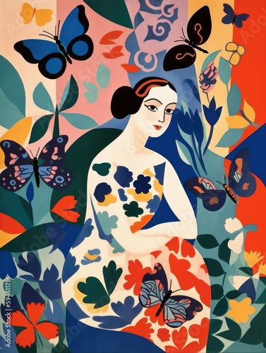 Beautiful brunette woman among flowers plants and butterflies is a metaphor of love created with Generative AI