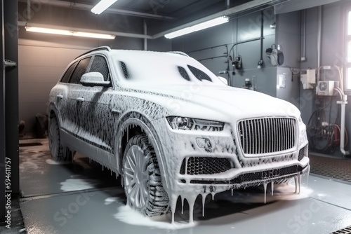 SUV at the car wash, fully covered by a soap foam. Photorealistic generative art © Cheport