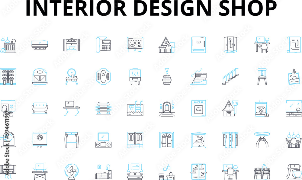 Interior design shop linear icons set. Aesthetics, Style, Decor, Furnishings, Minimalism, Color, Texture vector symbols and line concept signs. Lighting,Contemporary,Classic illustration