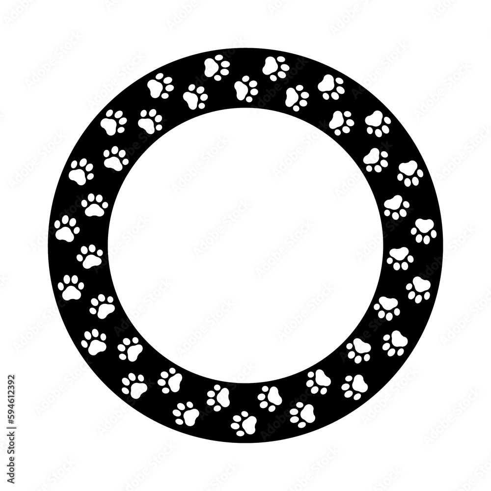 Frame paw pattern. Cute circle border dog or cat. Black footprint boarder isolated on white background. Mark animal frames. Silhouette step for design prints. Footmark lines. Vector illustration Frame paw pattern. Cute circle border dog or cat. Black footprint boarder isolated on white background. Mark animal frames. Silhouette step for design prints. Footmark lines. Vector illustration