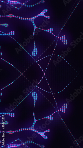 Digital art. Glitch fluid. Broken screen. Neon purple pink blue color glow liquid crystal drops symmetrical ornament on dark black abstract illustration background.