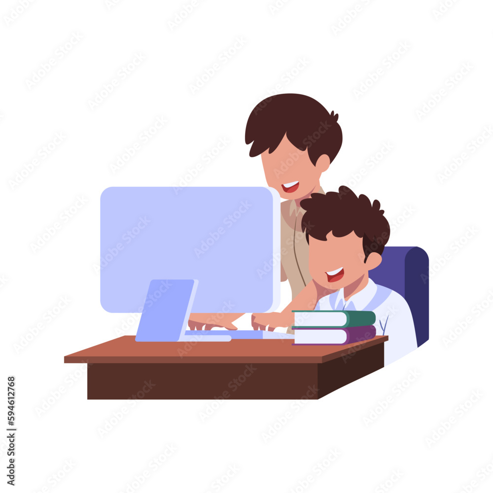 A boy and his teacher are working on a computer. A boy and his teacher are working on a computer.