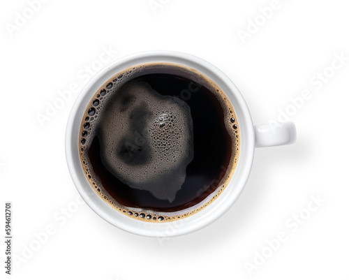Fotobehang Top view of isolated mug with hot black coffee with foam on transparent cutout PNG background