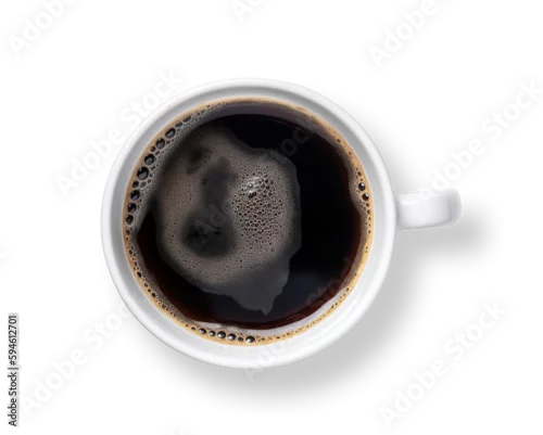 Obraz Top view of isolated mug with hot black coffee with foam on transparent cutout PNG background. generative AI